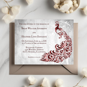 Red Peacock Leaf Vine Wedding Invitation