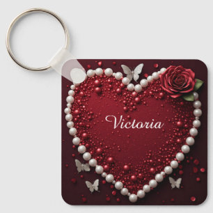 Red Pearl Heart With Roses For Valentine Decor ❤️ Key Ring
