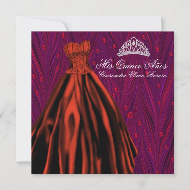 Red Pearls Red Dress Purple Red Quinceanera Invitation (Front)