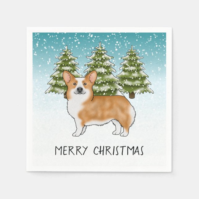Red Pembroke Welsh Corgi Blue Winter Christmas Napkin (Front)