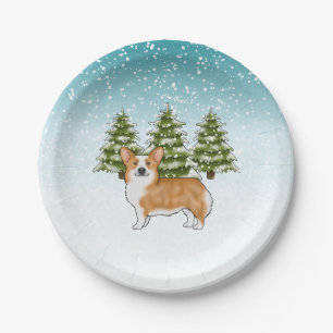 Red Pembroke Welsh Corgi Blue Winter Christmas Paper Plate