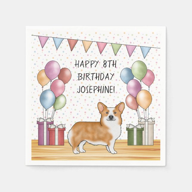 Red Pembroke Welsh Corgi Colourful Happy Birthday Napkin (Front)