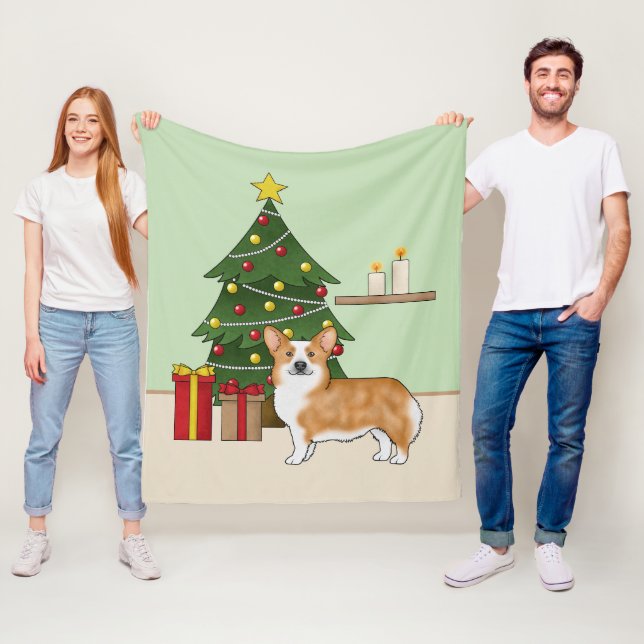Red Pembroke Welsh Corgi Dog And Christmas Tree Fleece Blanket (In Situ)