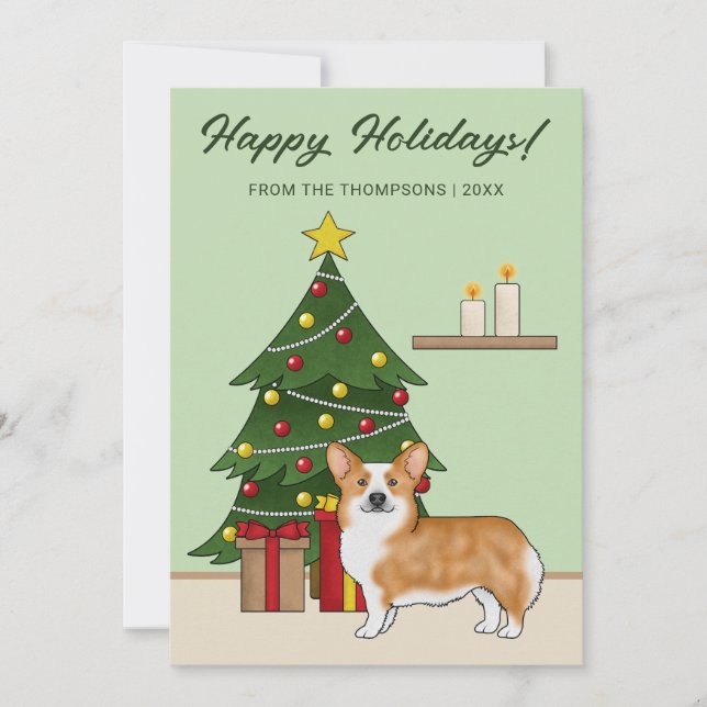 Red Pembroke Welsh Corgi Dog And Christmas Tree Holiday Card (Front)