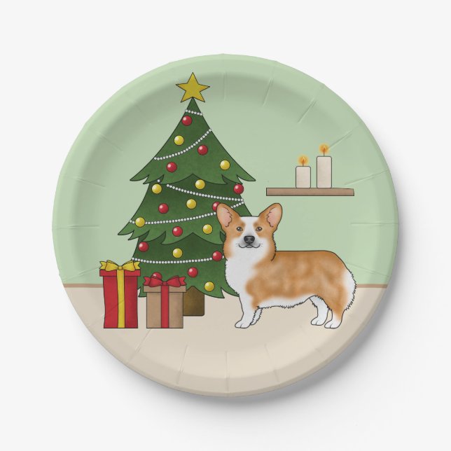 Red Pembroke Welsh Corgi Dog And Christmas Tree Paper Plate (Front)