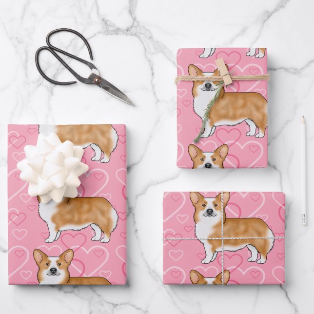 Red Pembroke Welsh Corgi Love Heart Pattern Pink Wrapping Paper Sheet (Front)