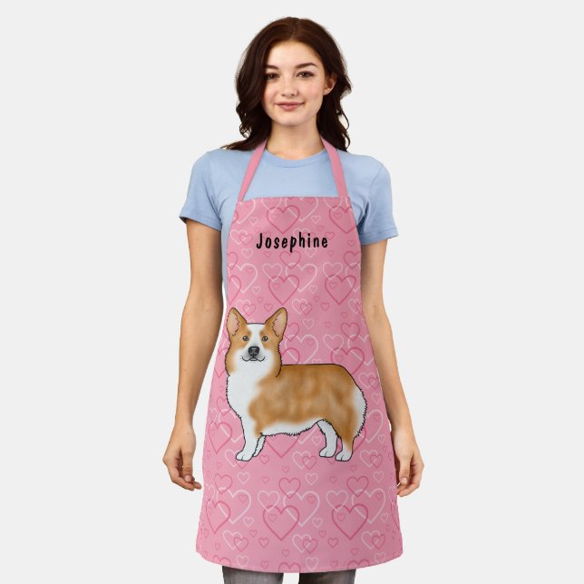 Red Pembroke Welsh Corgi On Pink Hearts With Name Apron (Worn)