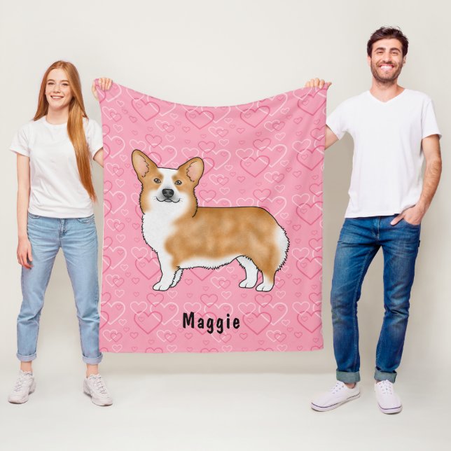 Red Pembroke Welsh Corgi On Pink Hearts With Name Fleece Blanket (In Situ)