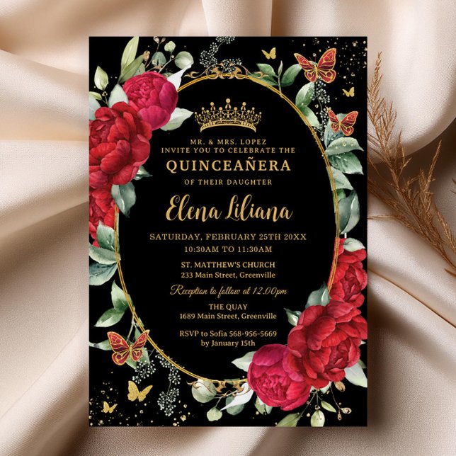 Red Peonies Floral Butterflies Gold Quinceañera Invitation (elegant red peonies floral flowers black background gold oval frame butterflies quinceanera invites)