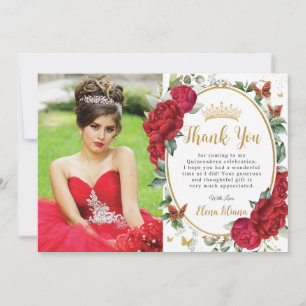 Red Peonies Floral Butterflies Quinceañera Photo Thank You Card