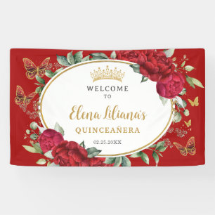 Red Peonies Floral Butterflies Quinceañera Welcome Banner