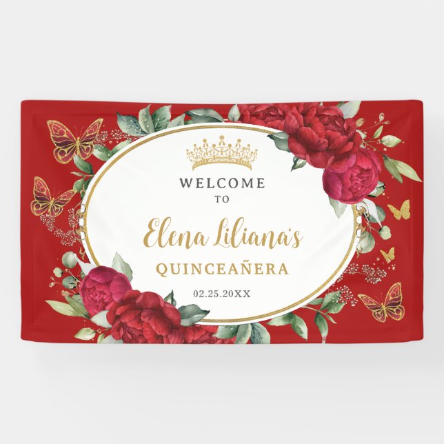 Red Peonies Floral Butterflies Quinceañera Welcome Banner (Horizontal)