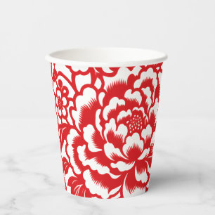 Red peonies floral Chinese birthday party Paper Cups