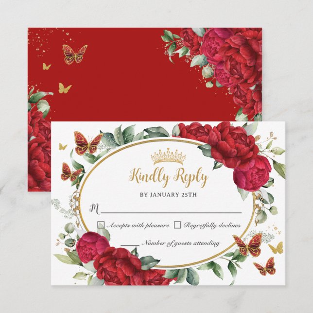 Red Peonies Floral Flowers Butterflies Quinceañera RSVP Card (Front/Back)