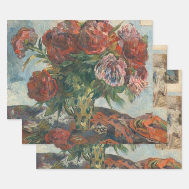 Red Peonies Flowers Paul Gaugin Art Wrapping Paper Sheet (Set)