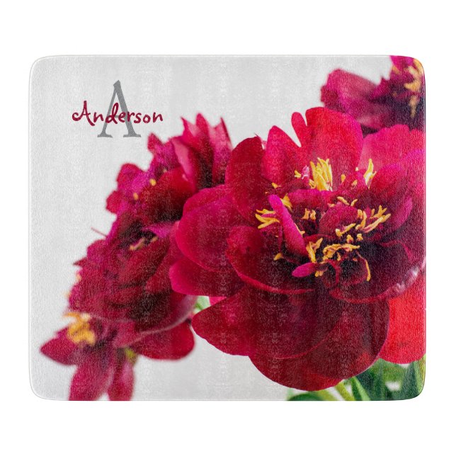 Red Peonies Glass chopping board (Front)