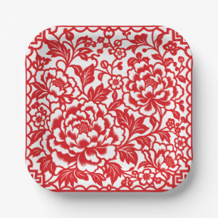 Red peonies papercut Chinese birthday party Paper Plate