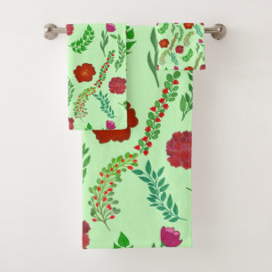  RED PEONY AND POPPY FLOWERS WITH GREEN LEAVES  BATH TOWEL SET