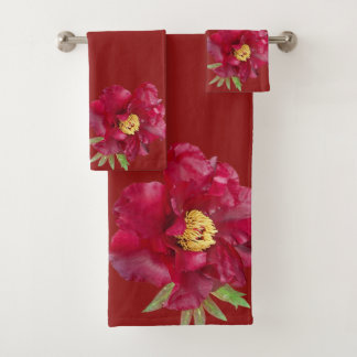 Red Peony Borders on Medium Dark Red Background Bath Towel Set