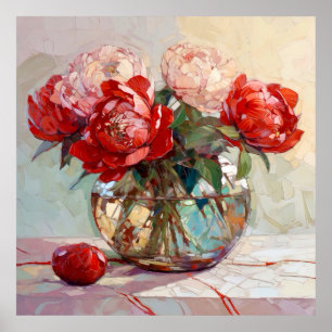 Red Peony Bouquet Painting Poster