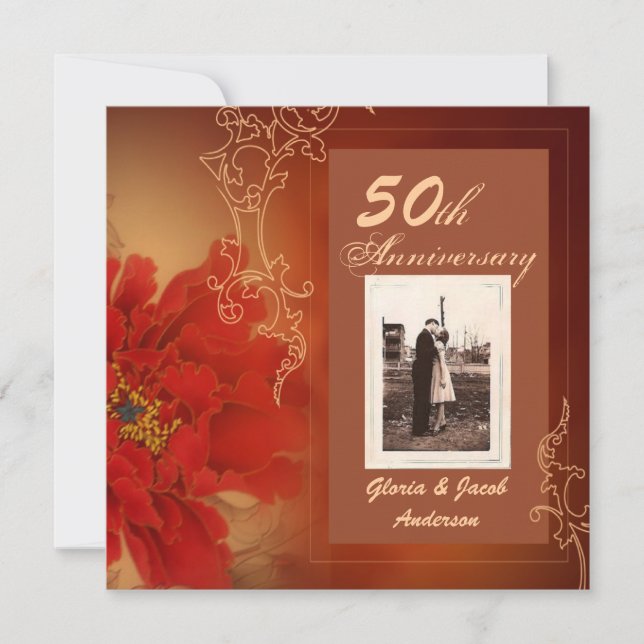 Red Peony Chinese 50th Wedding anniversary Invitation (Front)