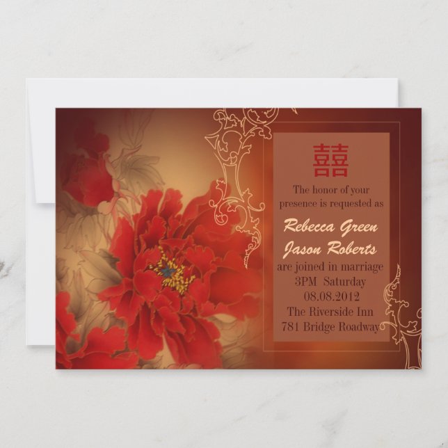 Red Peony Double Happiness Chinese wedding Invitation (Front)