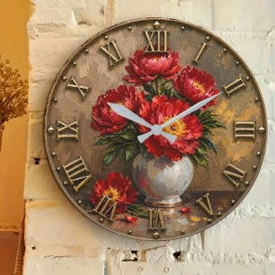 Red Peony Elegant Floral Bouquet Large Clock