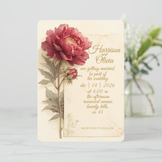 Red Peony Elegant Romantic Vintage Wedding Invitation