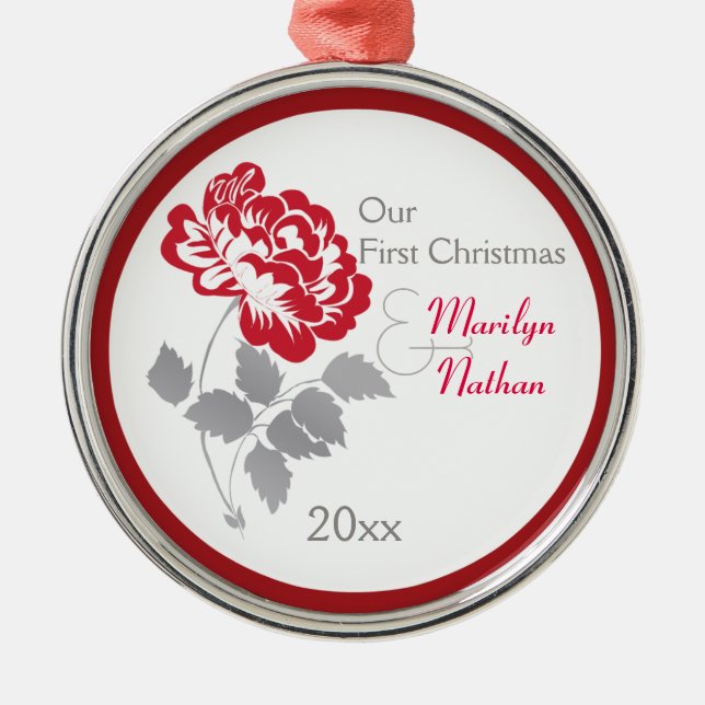 Red Peony First Christmas Keepsake Ornament (Front)