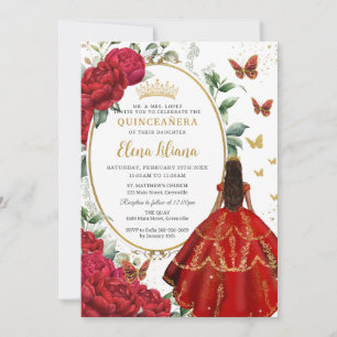 Red Peony Floral Brown Princess Dress Quinceañera Invitation