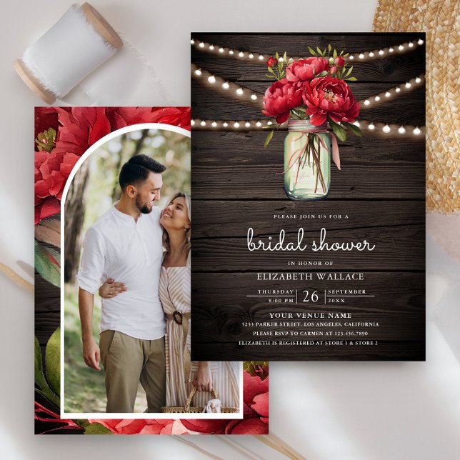 Red Peony Floral Mason Jar Barn Wood Bridal Shower Invitation (Creator Uploaded)