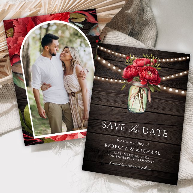 Red Peony Floral Mason Jar Barn Wood Wedding Photo Save The Date (Creator Uploaded)
