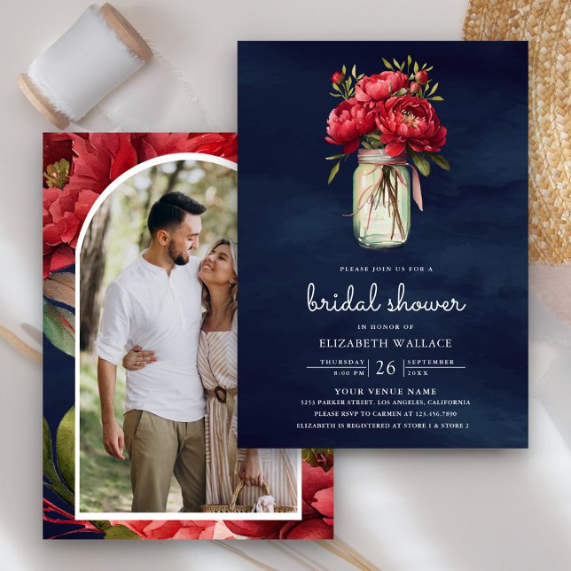 Red Peony Floral Mason Jar Navy Blue Bridal Shower Invitation (Creator Uploaded)