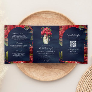Red Peony Floral Mason Jar QR Code Navy Wedding Tri-Fold Invitation