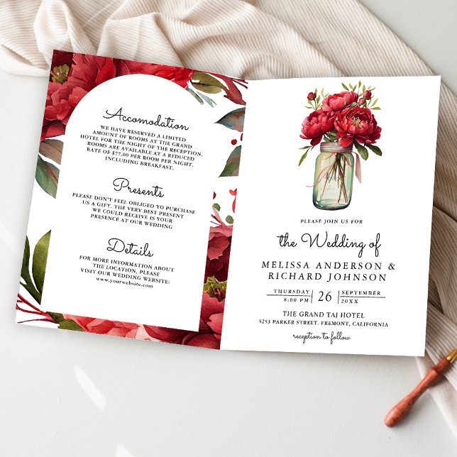 Red Peony Floral Mason Jar QR Code Wedding Invitation (Creator Uploaded)