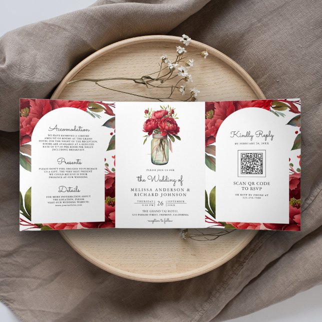 Red Peony Floral Mason Jar QR Code Wedding Tri-Fold Invitation (Creator Uploaded)