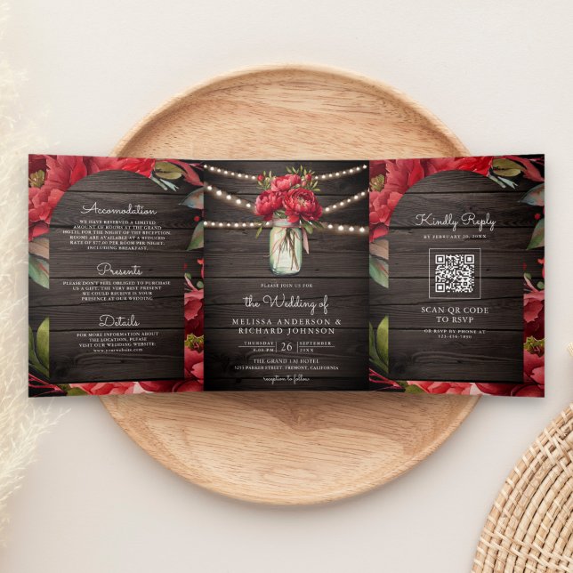 Red Peony Floral Mason Jar QR Code Wood Wedding Tri-Fold Invitation (Creator Uploaded)