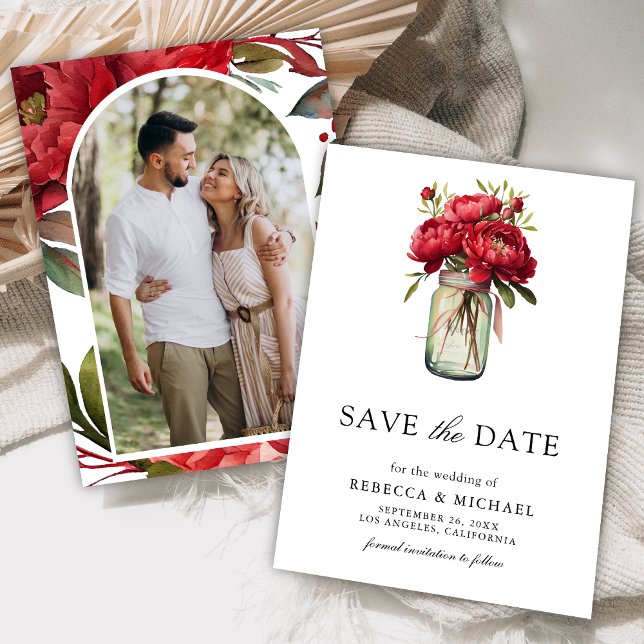 Red Peony Floral Mason Jar Wedding Photo Save The Date (Creator Uploaded)