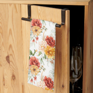 Red Peony Flower Bouquet Pattern Tea Towel