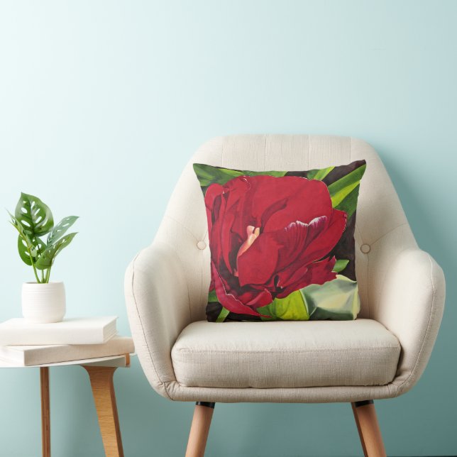 Red Peony flower with green leaves, square Cushion (Chair)