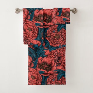 Red peony flowers and moths bath towel set