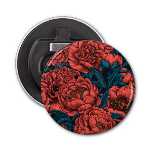 Red peony flowers and moths bottle opener