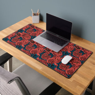 Red peony flowers and moths desk mat