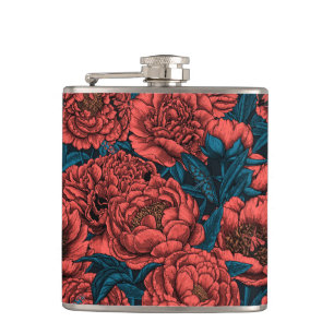Red peony flowers and moths hip flask