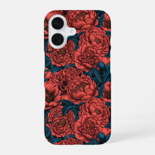 Red peony flowers and moths iPhone 16 case