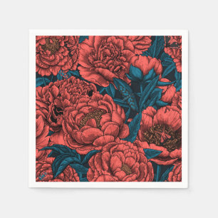 Red peony flowers and moths napkin