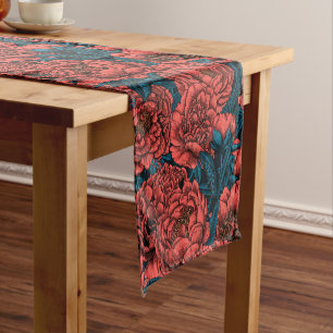 Red peony flowers and moths short table runner