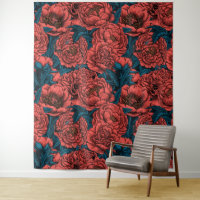 Red peony flowers and moths