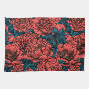 Red peony flowers and moths tea towel