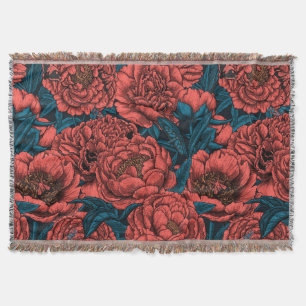Red peony flowers and moths throw blanket